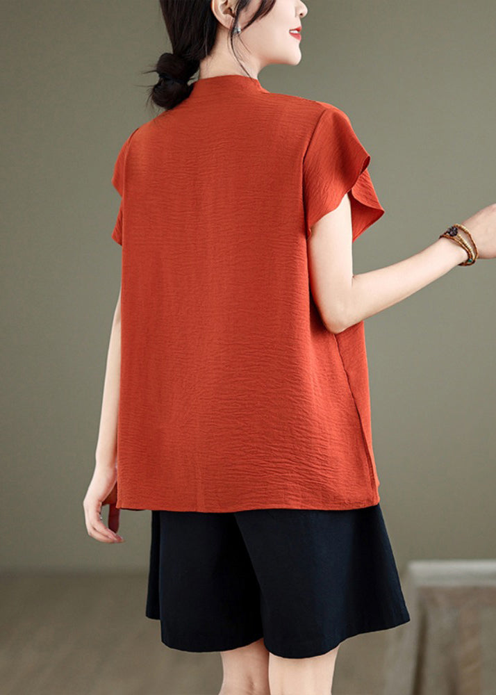 Natural Brick Red Embroidered Cotton Shirt Top Butterfly Sleeve