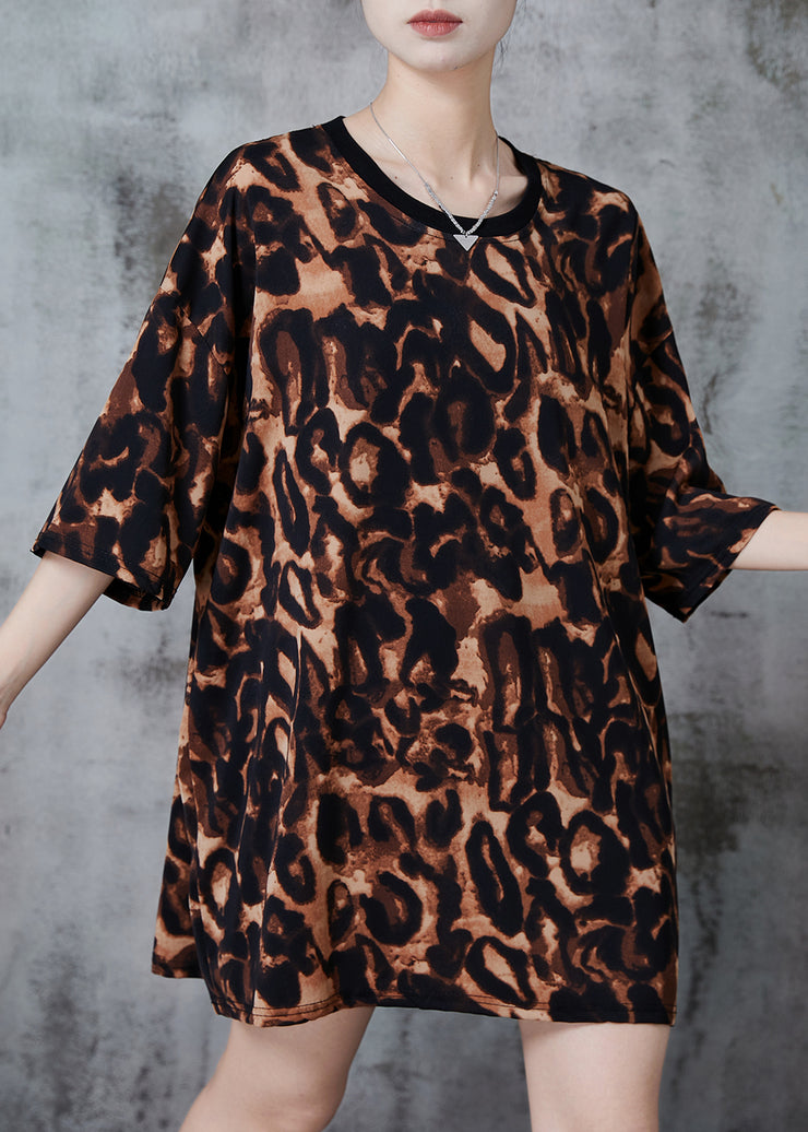 Natural Brown Oversized Leopard Print Cotton Tops Summer