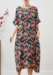 Natural Brown Oversized Print Linen Maxi Dress Summer