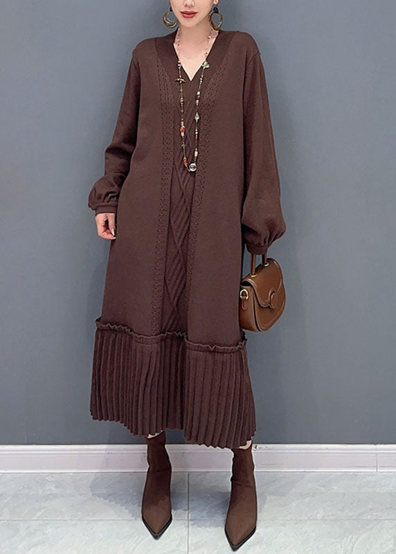 Natural Brown V Neck Patchwork Knit Maxi Sweater Dress Fall