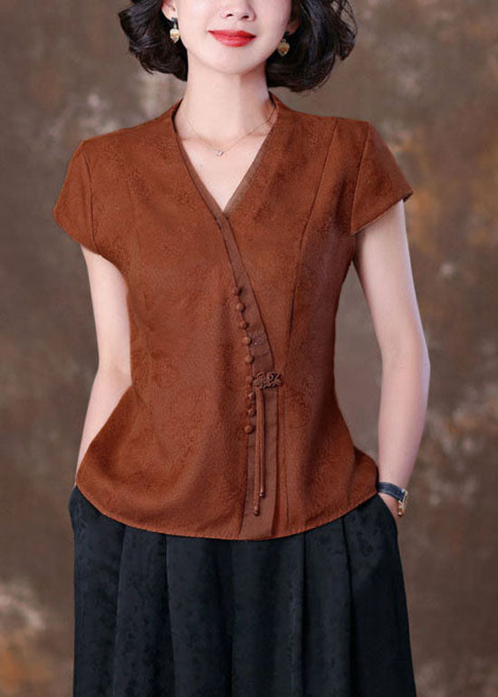 Natural Caramel V Neck Tasseled Patchwork Silk T Shirts Summer