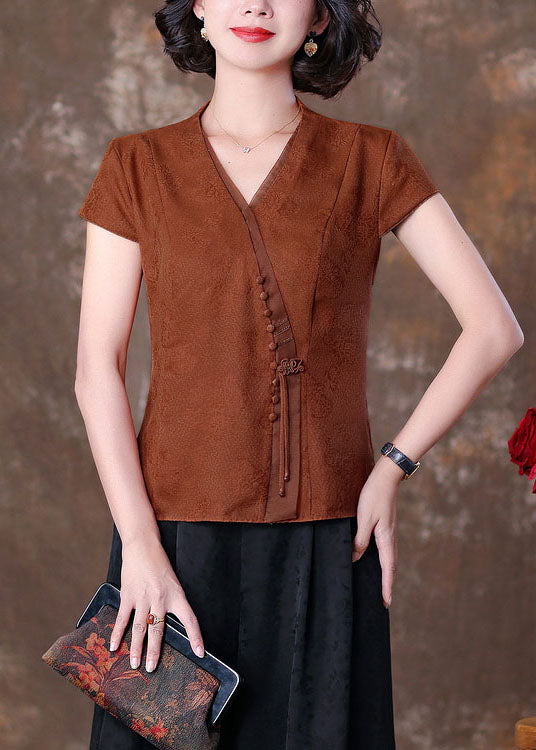 Natural Caramel V Neck Tasseled Patchwork Silk T Shirts Summer