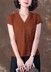 Natural Caramel V Neck Tasseled Patchwork Silk T Shirts Summer