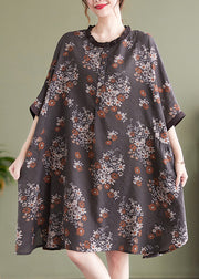 Natural Chocolate O-Nec Ruffled Patchwork Print Mid Dress Half Sleeve
