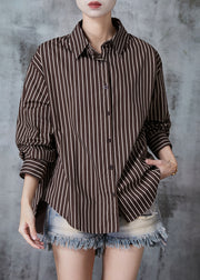 Natural Chocolate Oversized Striped Cotton Blouses Fall