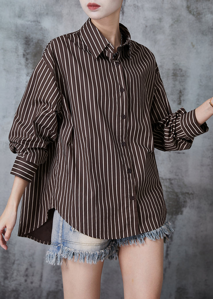 Natural Chocolate Oversized Striped Cotton Blouses Fall