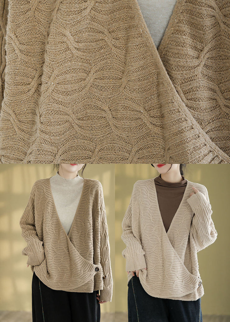 Natural Cocoa V Neck Cozy Knitted Cotton Sweaters Fall