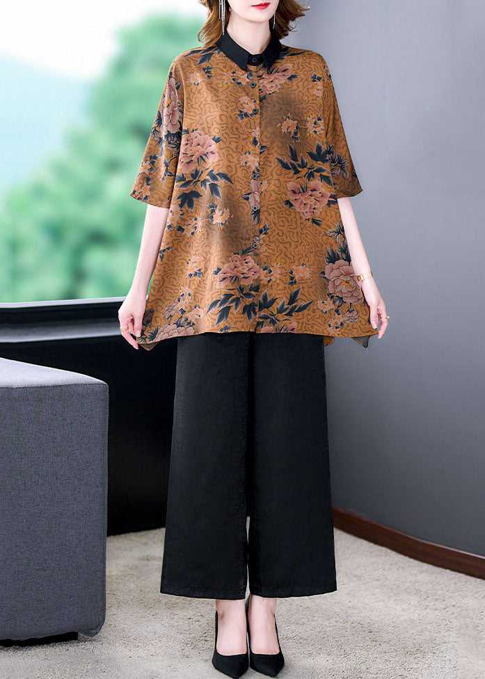 Natural Coffee Peter Pan Collar Print Patchwork Silk Two Piece Suit Set Summer