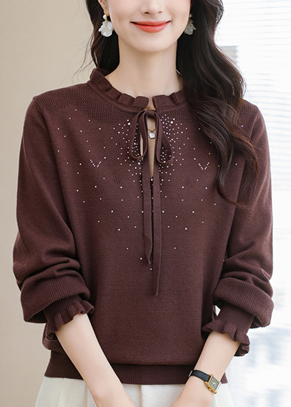 Natural Coffee Ruffled Tie Lace Thick Cotton Knit Sweater Puff Sleeve