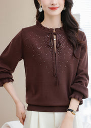 Natural Coffee Ruffled Tie Lace Thick Cotton Knit Sweater Puff Sleeve