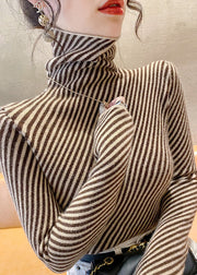 Natural Chocolate Stand Collar Striped Warm Fleece Knit Sweater Bottoming Shirt