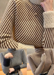 Natural Chocolate Stand Collar Striped Warm Fleece Knit Sweater Bottoming Shirt