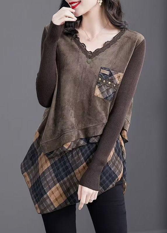 Natural Coffee V Neck Asymmetrical Plaid Patchwork Tops Spring