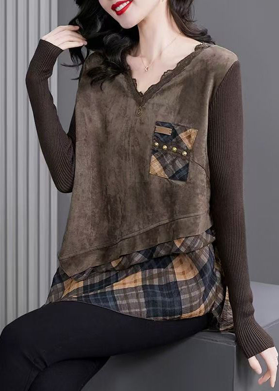 Natural Coffee V Neck Asymmetrical Plaid Patchwork Tops Spring