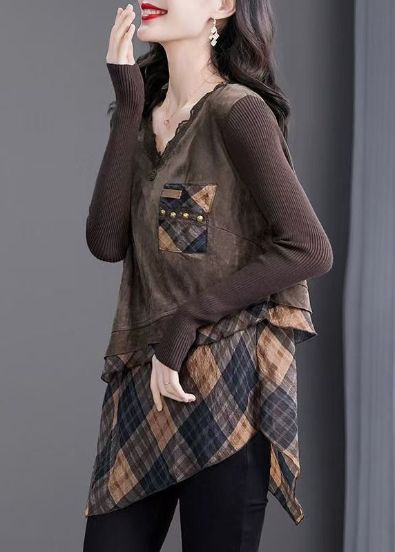 Natural Coffee V Neck Asymmetrical Plaid Patchwork Tops Spring