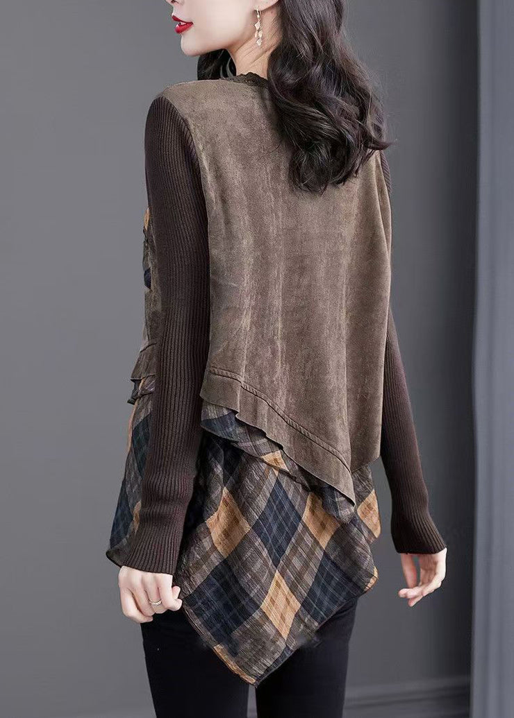 Natural Coffee V Neck Asymmetrical Plaid Patchwork Tops Spring