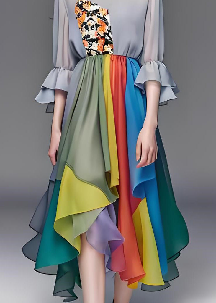 Natural Colorblock Asymmetrical Patchwork Chiffon Dresses Summer