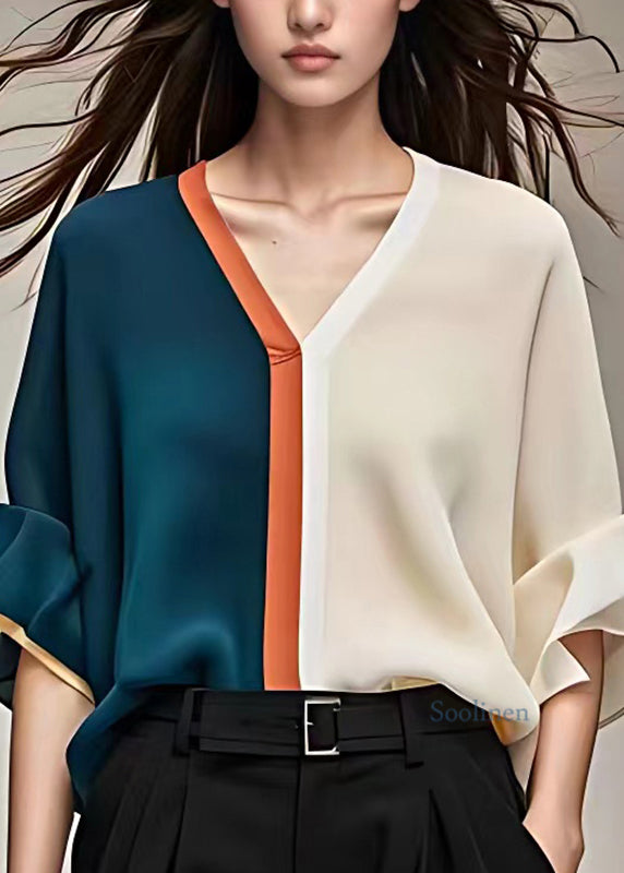 Natural Colorblock Patchwork Chiffon Tops Summer