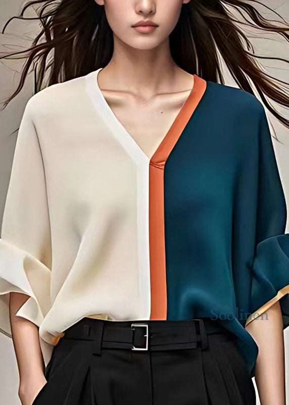 Natural Colorblock Patchwork Chiffon Tops Summer