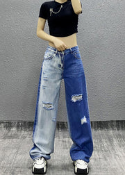 Natural Colorblock Pockets Ripped Denim Straight Pants Spring