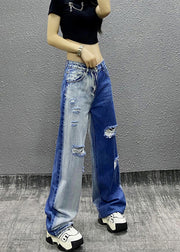 Natural Colorblock Pockets Ripped Denim Straight Pants Fall