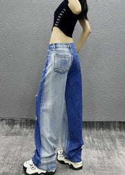 Natural Colorblock Pockets Ripped Denim Straight Pants Spring