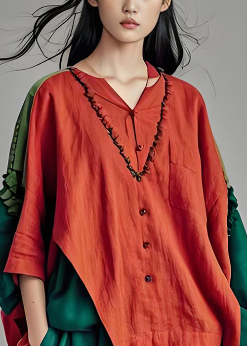 Natural Colorblock Ruffled Patchwork Cotton Blouse Tops Summer