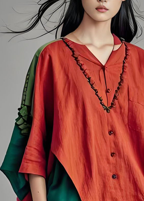 Natural Colorblock Ruffled Patchwork Cotton Blouse Tops Summer