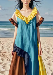 Natural Colorblock Ruffled Patchwork Cotton Dresses Summer