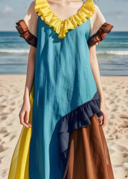 Natural Colorblock Ruffled Patchwork Cotton Dresses Summer