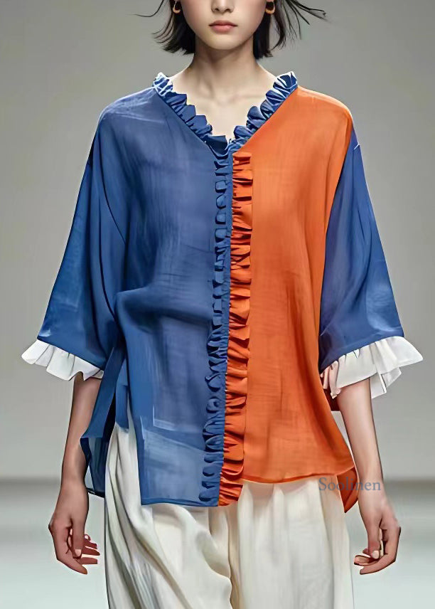 Natural Colorblock Ruffled Side Open Chiffon T Shirts Fall