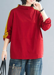 Natural Colorblock Stand Collar Oversized Patchwork Cotton Tops Spring