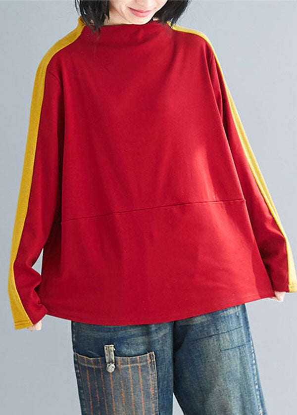 Natural Colorblock Stand Collar Oversized Patchwork Cotton Tops Spring