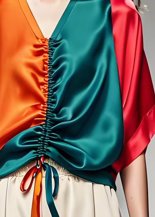 Natural Colorblock V Neck Drawstring Patchwork Silk Tops Summer