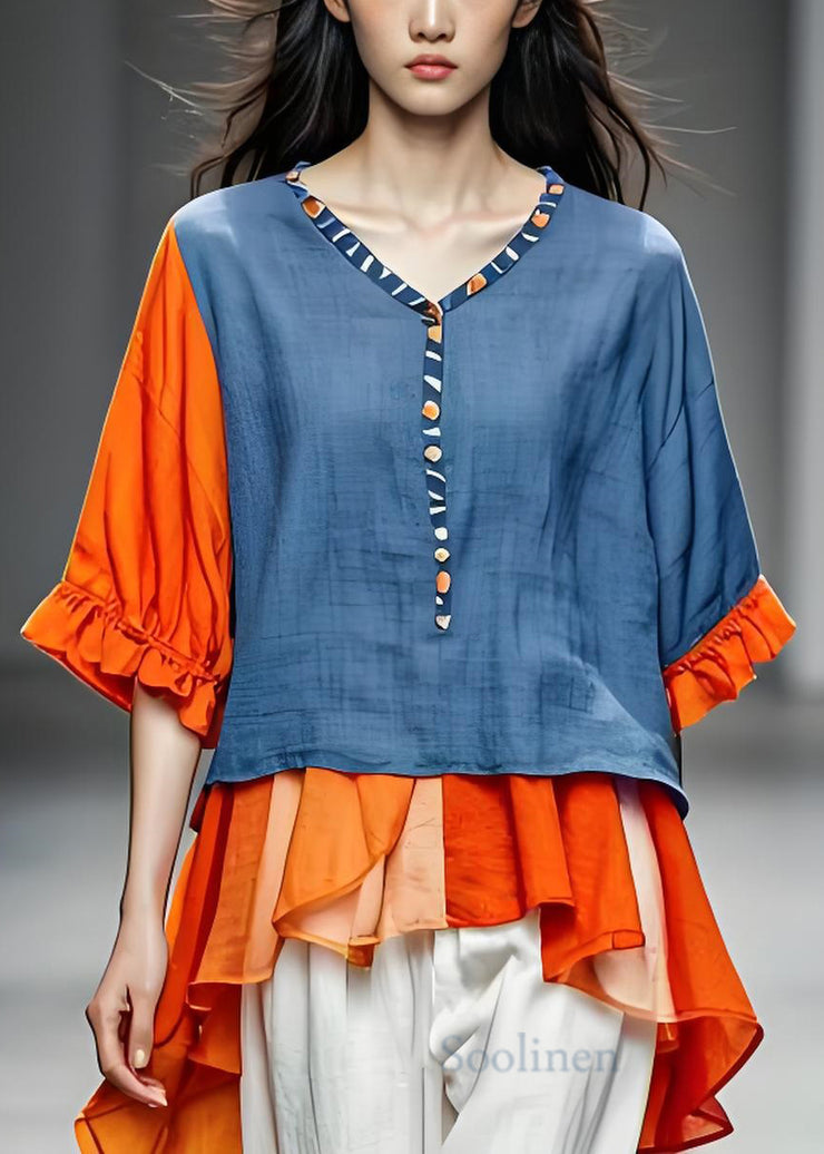 Natural Colorblock V Neck Ruffled Patchwork Cotton Top Summer