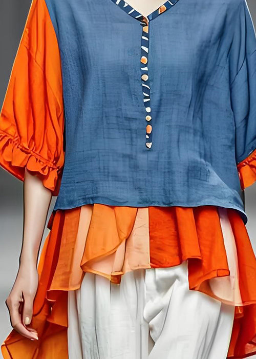 Natural Colorblock V Neck Ruffled Patchwork Cotton Top Summer