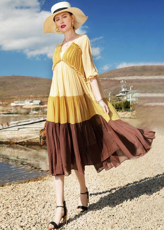 Natural Colorblock V Neck Wrinkled Patchwork Chiffon Dresses Summer