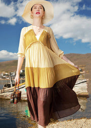 Natural Colorblock V Neck Wrinkled Patchwork Chiffon Dresses Summer