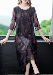 Natural Dark Purple O Neck Print Patchwork Silk Dress Summer