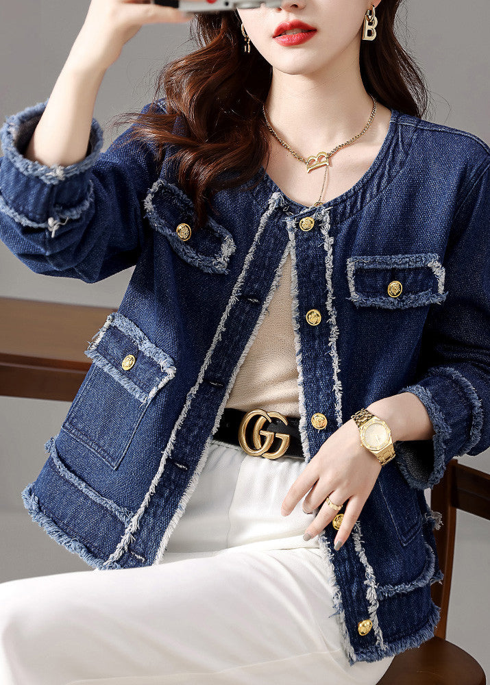 Natural Denim Blue O-Neck Patchwork Button Coat Long Sleeve