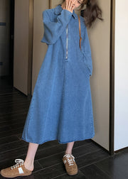 Natural Denim Blue Peter Pan Collar Zippered Patchwork Long Dress Spring