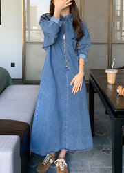 Natural Denim Blue Peter Pan Collar Zippered Patchwork Long Dress Spring