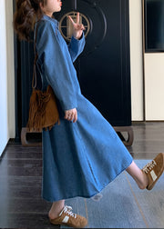 Natural Denim Blue Peter Pan Collar Zippered Patchwork Long Dress Spring