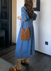 Natural Denim Blue Peter Pan Collar Zippered Patchwork Long Dress Spring