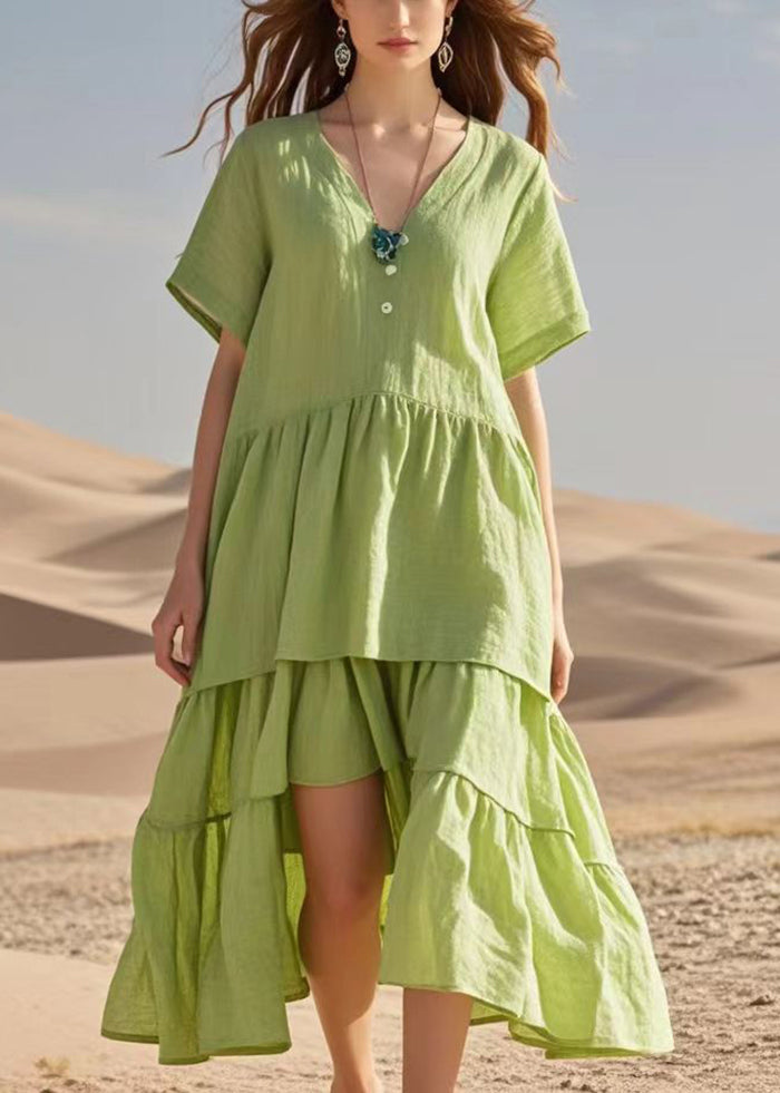 Natural Fruit Green V Neck Patchwork Cotton Long Dress Summer