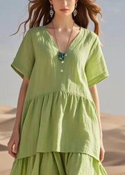 Natural Fruit Green V Neck Patchwork Cotton Long Dress Summer