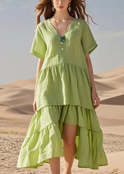 Natural Fruit Green V Neck Patchwork Cotton Long Dress Summer