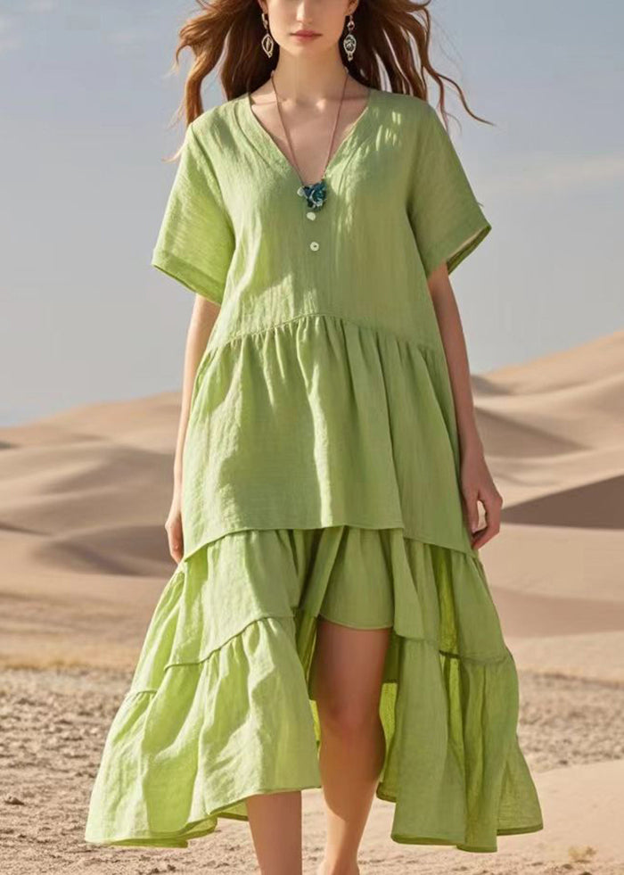 Natural Fruit Green V Neck Patchwork Cotton Long Dress Summer