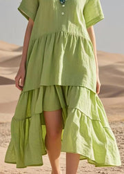 Natural Fruit Green V Neck Patchwork Cotton Long Dress Summer