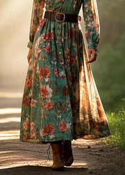 Natural Green Cinched Floral Print Cotton Dresses Spring